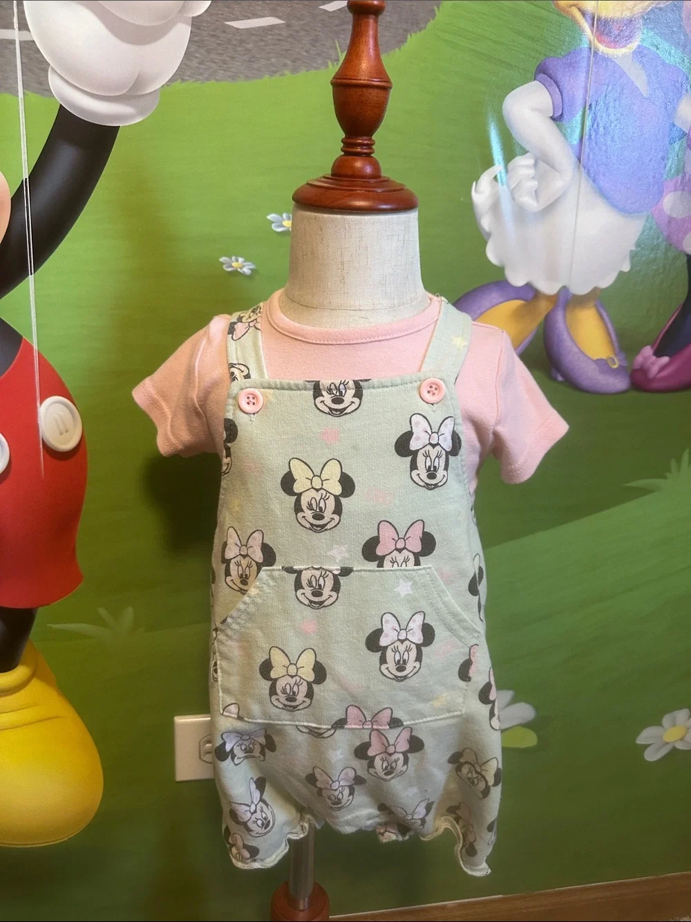 Disney Girls Pink Tee with Mint Minnie Mouse Overall Dress